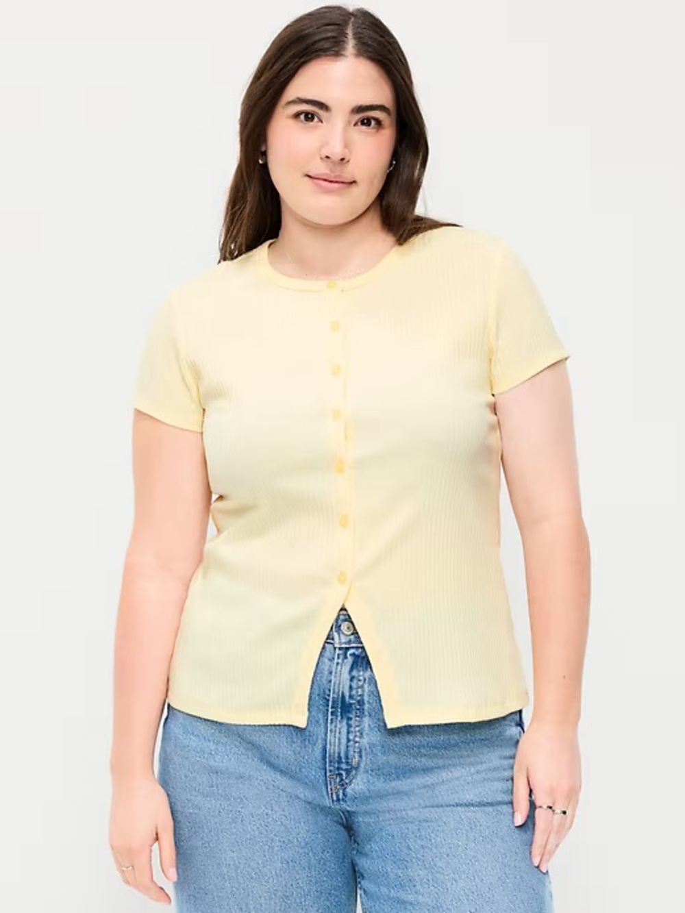 Old Navy Cream Ribbed Button-Front Short Sleeve Top